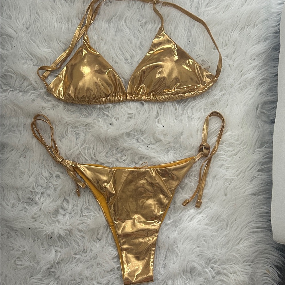 Fashion Nova New Shiny Gold Bikini Set medium